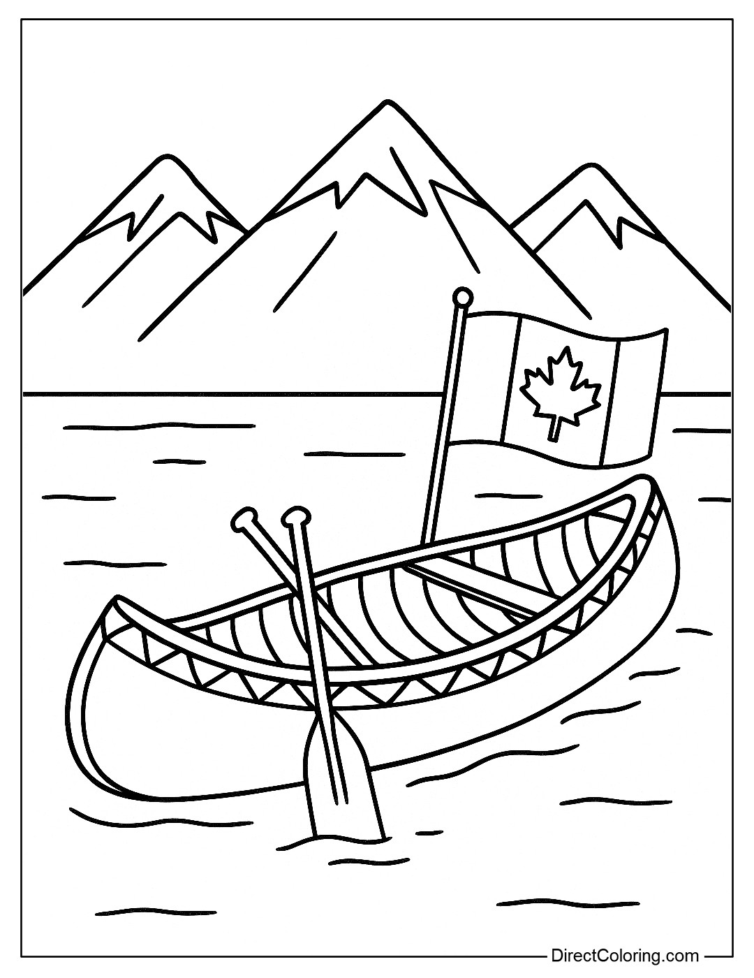 A traditional rowboat coloring page floating on a lake, with a Canadian flag flying, and mountains in the background
